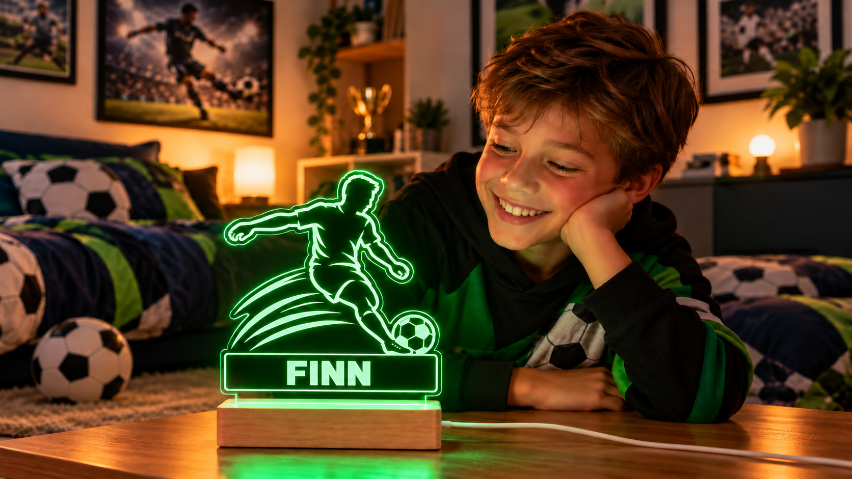 Jongen kijkt blij naar een groene voetbal ledlamp met de naam FINN