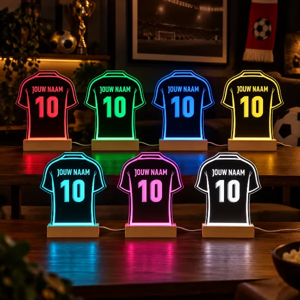 Nachtlampje Voetbalshirt - Gepersonaliseerd met naam en nummer – gepersonaliseerd voetbalcadeau