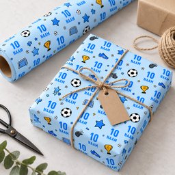 Inpakpapier Voetbal Blauw - Gepersonaliseerd met Naam – foto 2 van 3