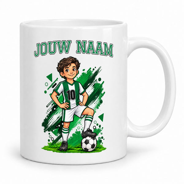 Groen Wit Voetbalmok met Voetballer - Gepersonaliseerd met naam en nummer – gepersonaliseerd voetbalcadeau