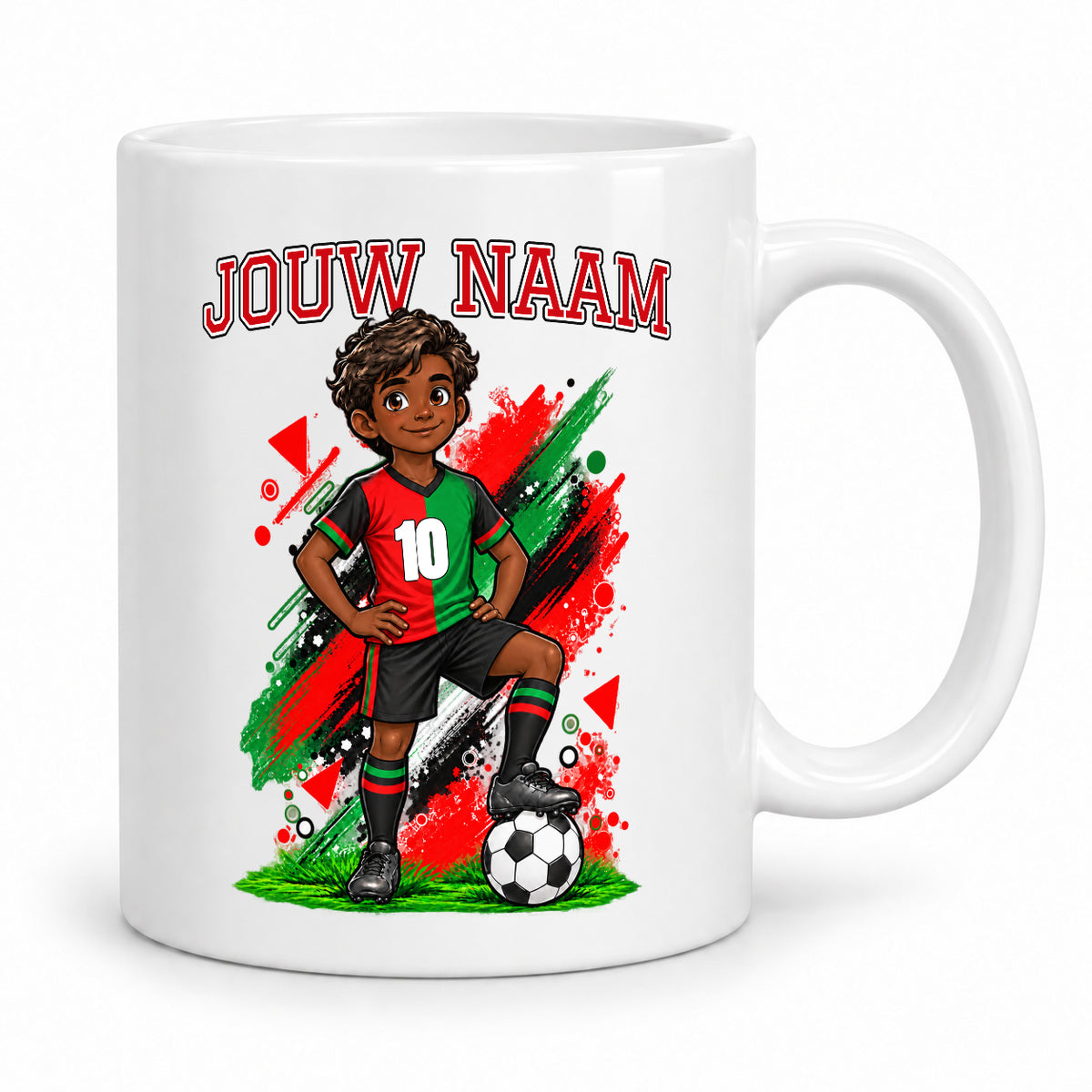 Voetbalmok met voetballer - Gepersonaliseerd met naam en nummer – gepersonaliseerd voetbalcadeau