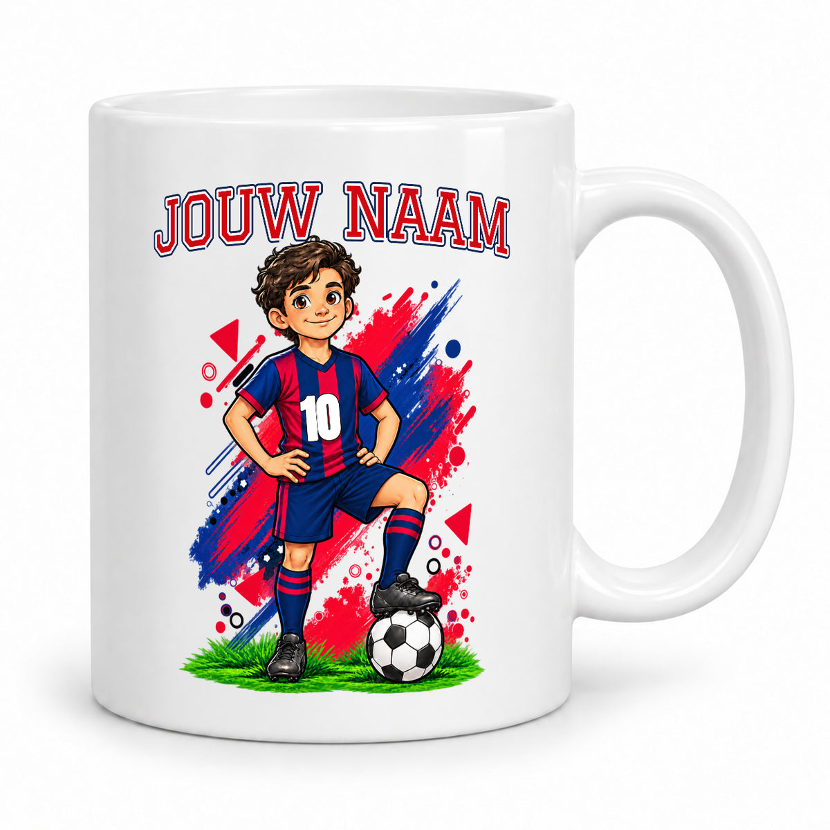Voetbalmok met voetballer - Gepersonaliseerd met naam en nummer – gepersonaliseerd voetbalcadeau