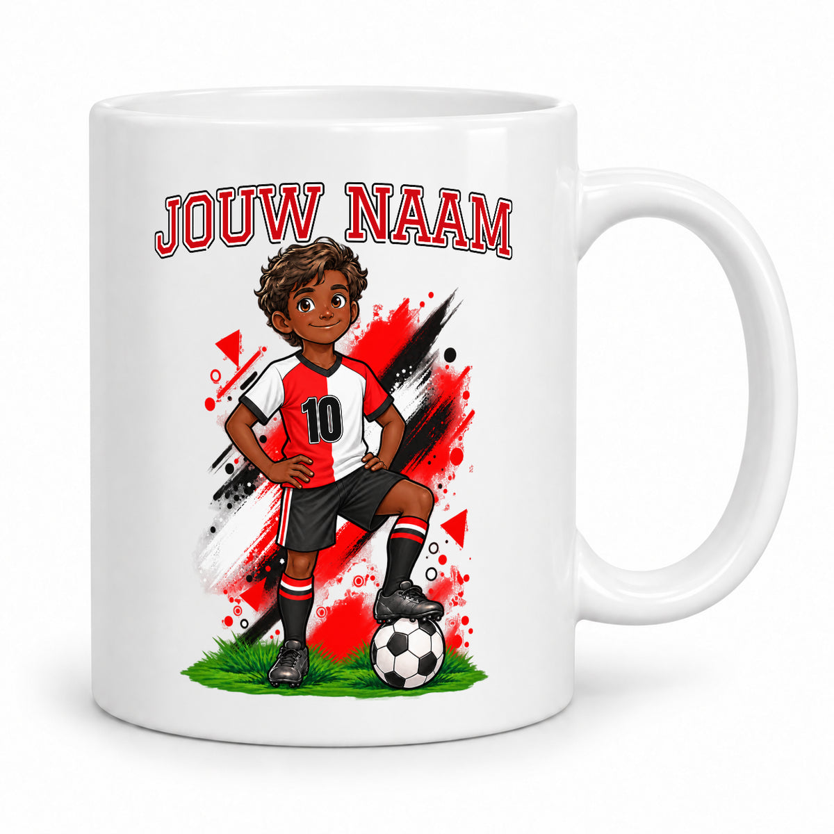 Voetbalmok met voetballer - Gepersonaliseerd met naam en nummer – gepersonaliseerd voetbalcadeau